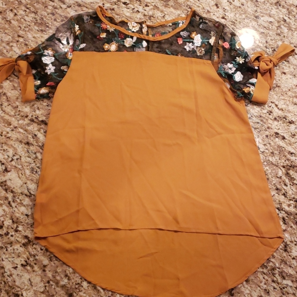 Shein Mesh Embroidered Yoke Tie Cuff Blouse